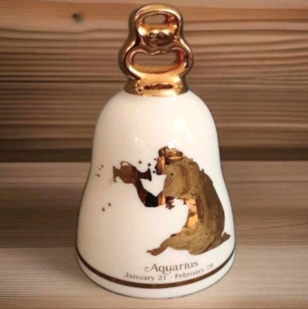 Aquarius Zodiac Porcelain Bell with Gold Accent